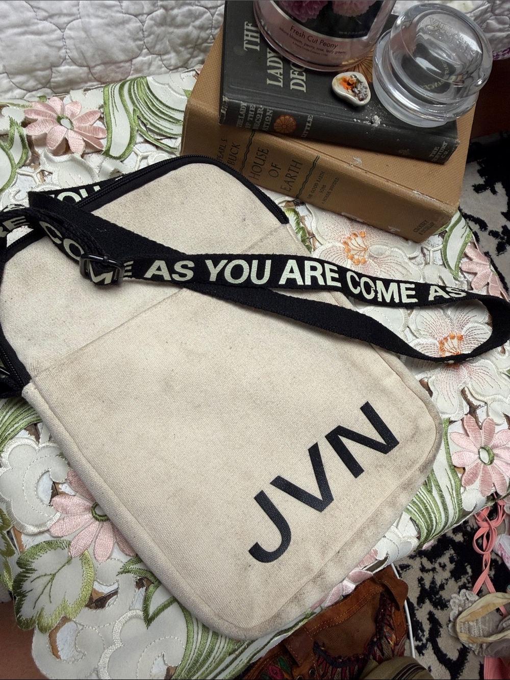 JVN Cream Canvas Crossbody with Black Logo and Strap